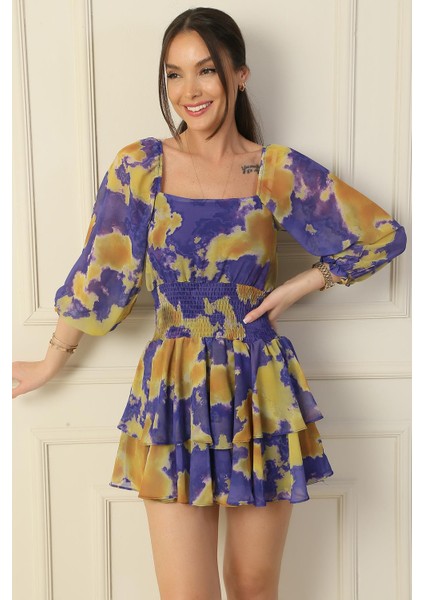 Kare Yaka Beli Gipeli Astarlı Soyut Desen Kat Kat Şifon Elbise