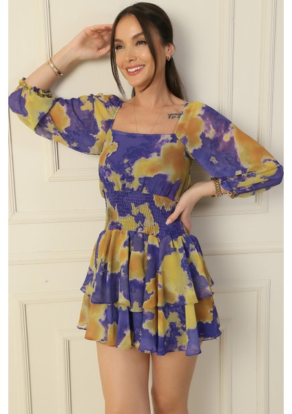 Kare Yaka Beli Gipeli Astarlı Soyut Desen Kat Kat Şifon Elbise fiyatları