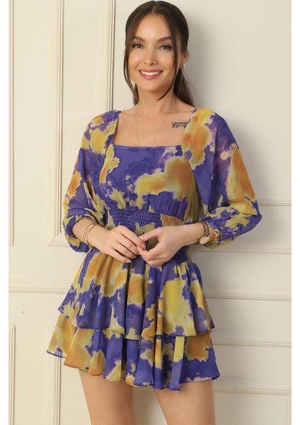 Kare Yaka Beli Gipeli Astarlı Soyut Desen Kat Kat Şifon Elbise modelleri