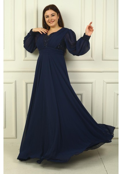 Kadın Ön Arka V Yaka Üstü Pulpayet Astarlı Büyük Beden Uzun Şifon Abiye Elbise