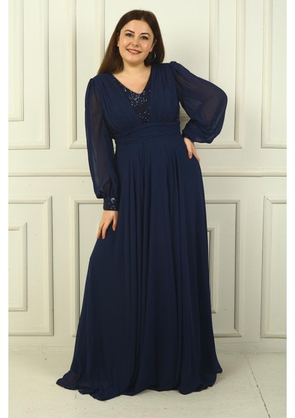 Kadın Ön Arka V Yaka Üstü Pulpayet Astarlı Büyük Beden Uzun Şifon Abiye Elbise modelleri