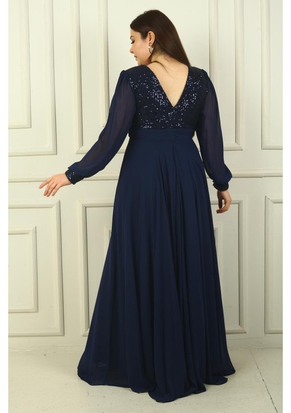 Kadın Ön Arka V Yaka Üstü Pulpayet Astarlı Büyük Beden Uzun Şifon Abiye Elbise fırsatları