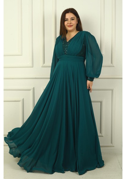 Kadın Ön Arka V Yaka Üstü Pulpayet Astarlı Büyük Beden Uzun Şifon Abiye Elbise