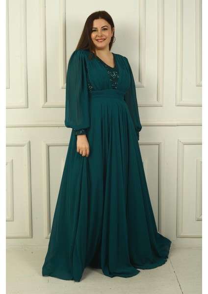 Kadın Ön Arka V Yaka Üstü Pulpayet Astarlı Büyük Beden Uzun Şifon Abiye Elbise fiyatları