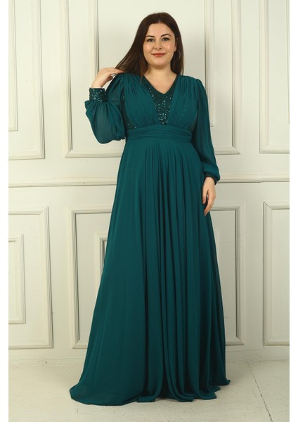 Kadın Ön Arka V Yaka Üstü Pulpayet Astarlı Büyük Beden Uzun Şifon Abiye Elbise modelleri