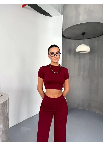 Osy Modal Yumuşak Dokulu Kumaş Kısa Kollu Crop Alt Ispanyol Paça Pantalon Ikili Takım - Bordo indirimleri