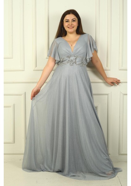 Kadın Ön Arka V Yaka Beli Taş Işlemeli Astarlı Simli Büyük Beden Abiye Elbise