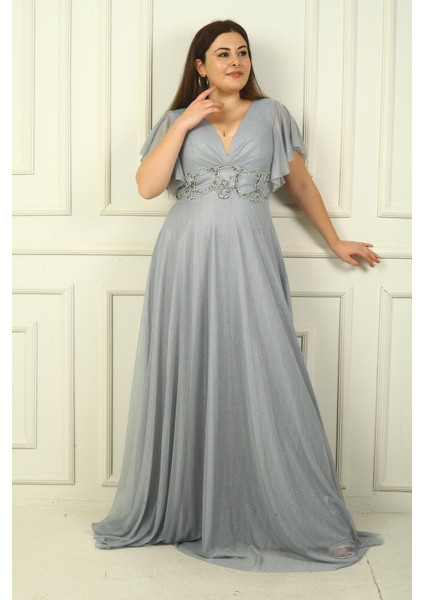 Kadın Ön Arka V Yaka Beli Taş Işlemeli Astarlı Simli Büyük Beden Abiye Elbise fiyatları