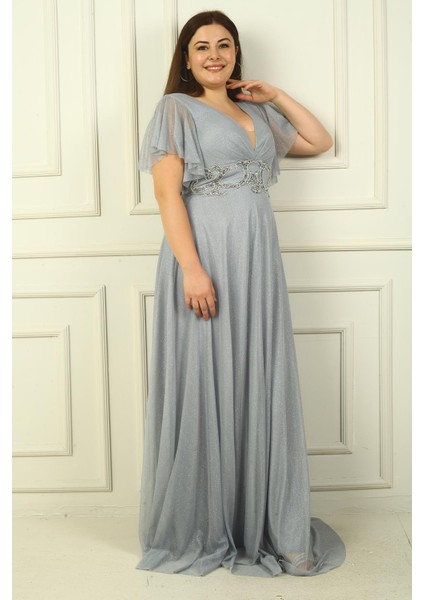 Kadın Ön Arka V Yaka Beli Taş Işlemeli Astarlı Simli Büyük Beden Abiye Elbise modelleri