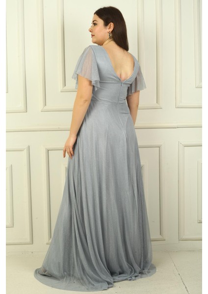 Kadın Ön Arka V Yaka Beli Taş Işlemeli Astarlı Simli Büyük Beden Abiye Elbise fırsatları