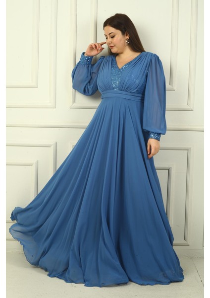 Kadın Ön Arka V Yaka Üstü Pulpayet Astarlı Büyük Beden Uzun Şifon Abiye Elbise