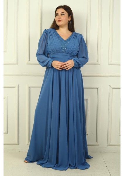 Kadın Ön Arka V Yaka Üstü Pulpayet Astarlı Büyük Beden Uzun Şifon Abiye Elbise modelleri