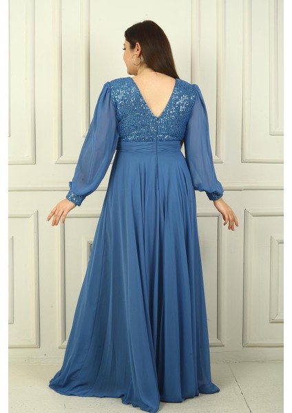 Kadın Ön Arka V Yaka Üstü Pulpayet Astarlı Büyük Beden Uzun Şifon Abiye Elbise fırsatları