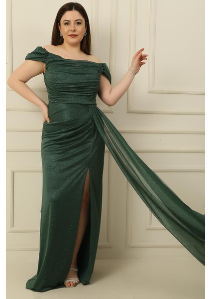 Düşük Kollu Astarlı Önü Drapeli Yırtmaçlı Büyük Beden Simli Uzun Elbise fiyatları