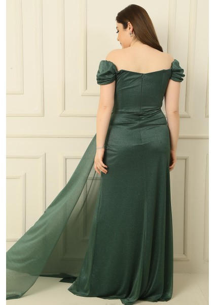 Düşük Kollu Astarlı Önü Drapeli Yırtmaçlı Büyük Beden Simli Uzun Elbise fırsatları