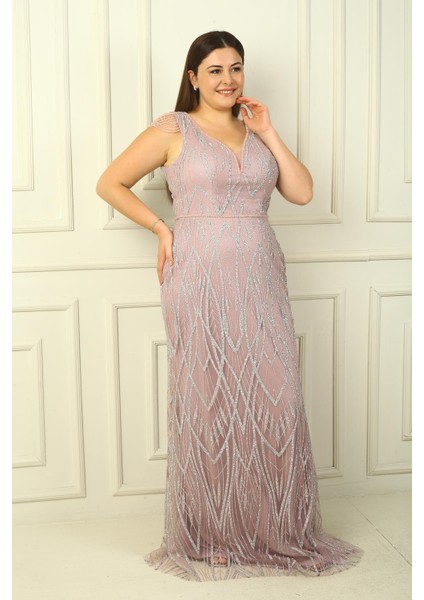 Kadın Omzu Püsküllü Astarlı Boncuk ve Taşlı Büyük Beden Uzun Elbise