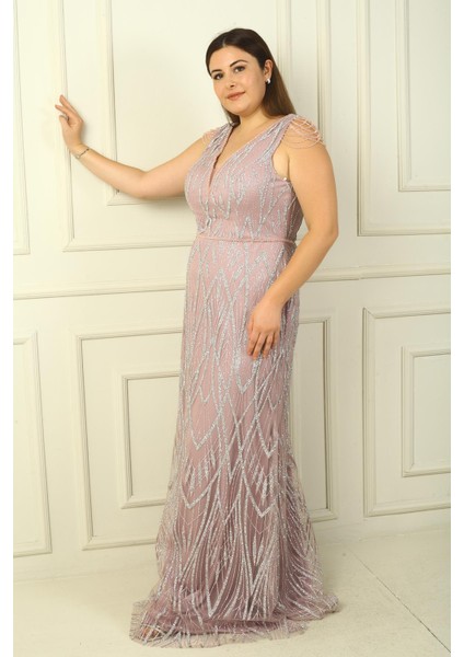 Kadın Omzu Püsküllü Astarlı Boncuk ve Taşlı Büyük Beden Uzun Elbise fiyatları