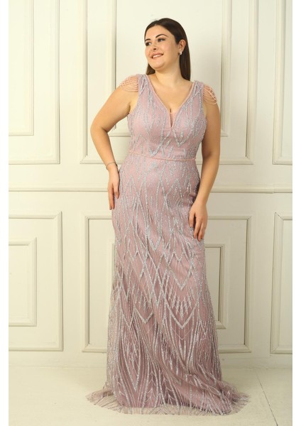 Kadın Omzu Püsküllü Astarlı Boncuk ve Taşlı Büyük Beden Uzun Elbise modelleri