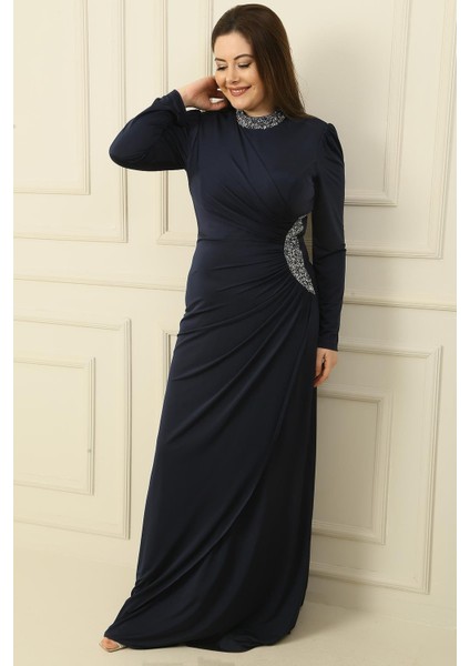 Yakası ve Yanı Taşlı Astarlı Büzgülü Kristal Uzun Büyük Beden Tesettür Elbise fiyatları
