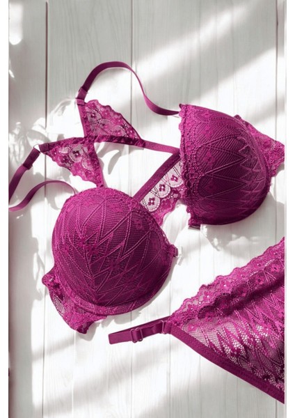 Mürdüm Dantelli Kelebek Sırt Detaylı Önden Kopçalı Dolgulu Sütyen Takımı (Sütyen & Tanga) fiyatları