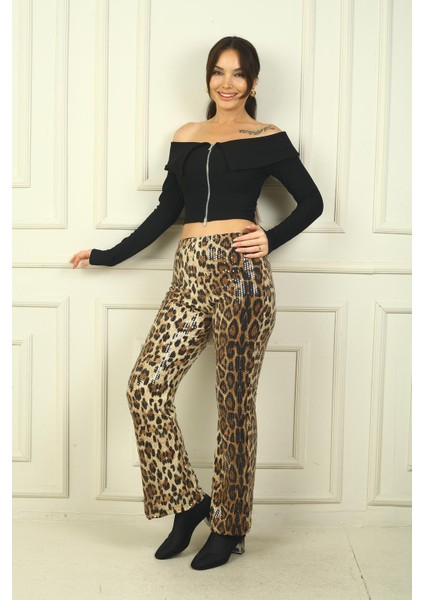 Kadın Beli Lastikli Pulpayet Ispanyol Paça Yarım Astarlı Leopar Desen Pantolon