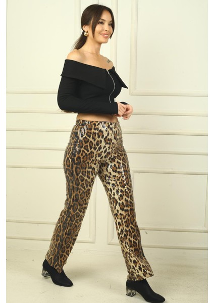 Kadın Beli Lastikli Pulpayet Ispanyol Paça Yarım Astarlı Leopar Desen Pantolon