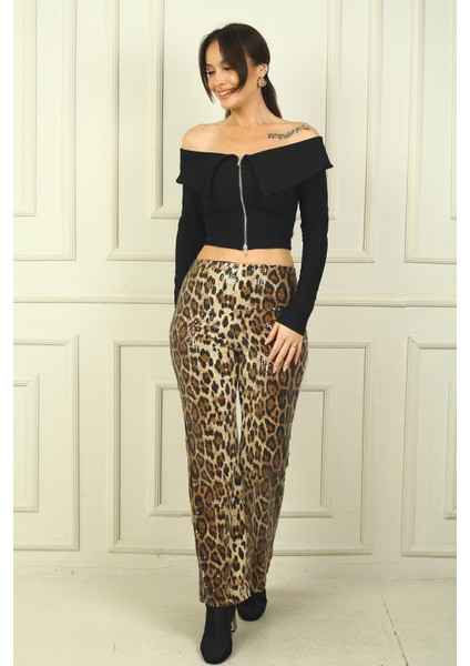 Kadın Beli Lastikli Pulpayet Ispanyol Paça Yarım Astarlı Leopar Desen Pantolon