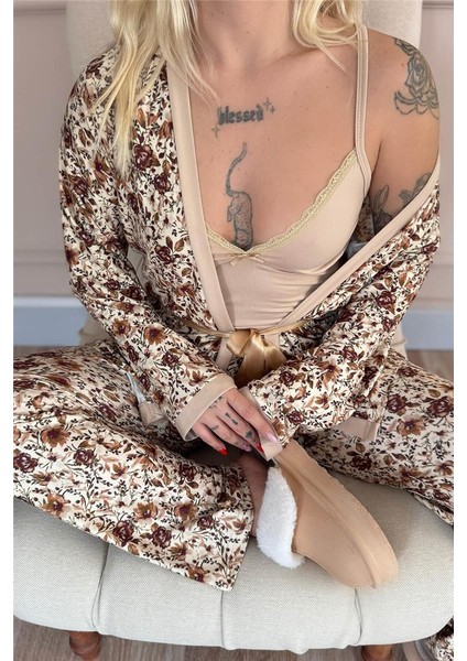 Bej Autumn Blossom Exclusive Örme Sabahlıklı Kadın Pijama Takım indirimleri