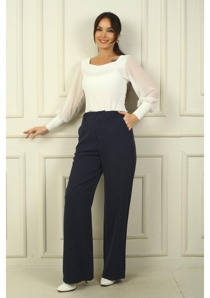 Kadın Yandan Cepli Boyuna Çizgili Palazzo Pantolon