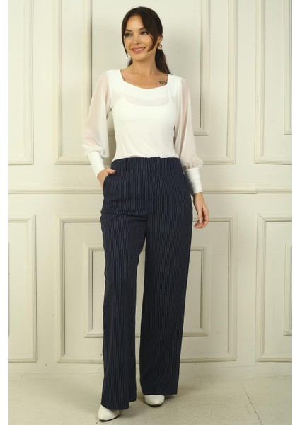Kadın Yandan Cepli Boyuna Çizgili Palazzo Pantolon fiyatları
