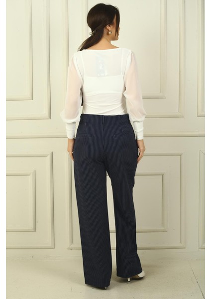 Kadın Yandan Cepli Boyuna Çizgili Palazzo Pantolon fırsatları