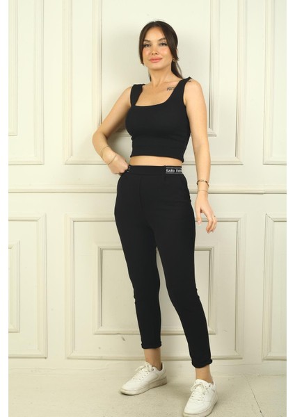 Kadın Beli Yazılı Lastikli Cepli Pileli Scuba Crep Pantolon