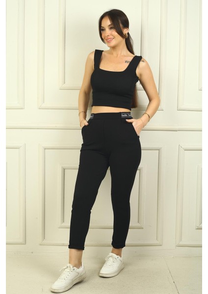 Kadın Beli Yazılı Lastikli Cepli Pileli Scuba Crep Pantolon fiyatları