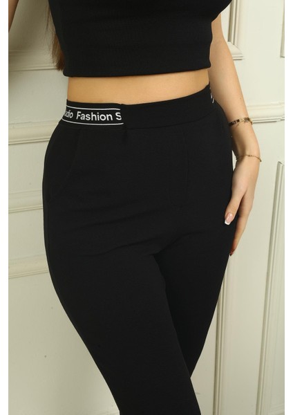 Kadın Beli Yazılı Lastikli Cepli Pileli Scuba Crep Pantolon modelleri