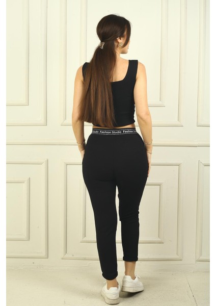 Kadın Beli Yazılı Lastikli Cepli Pileli Scuba Crep Pantolon indirimleri