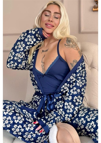 Lacivert Blossom Exclusive Örme Sabahlıklı Kadın Pijama Takım