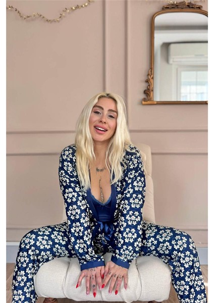 Lacivert Blossom Exclusive Örme Sabahlıklı Kadın Pijama Takım