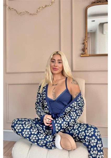 Lacivert Blossom Exclusive Örme Sabahlıklı Kadın Pijama Takım
