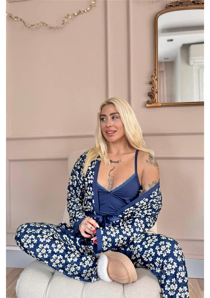 Lacivert Blossom Exclusive Örme Sabahlıklı Kadın Pijama Takım