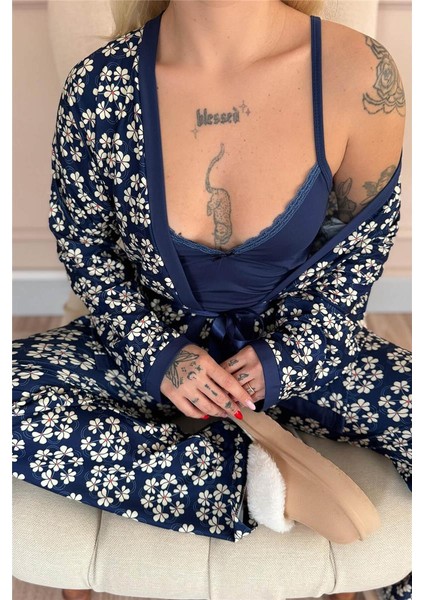 Lacivert Blossom Exclusive Örme Sabahlıklı Kadın Pijama Takım