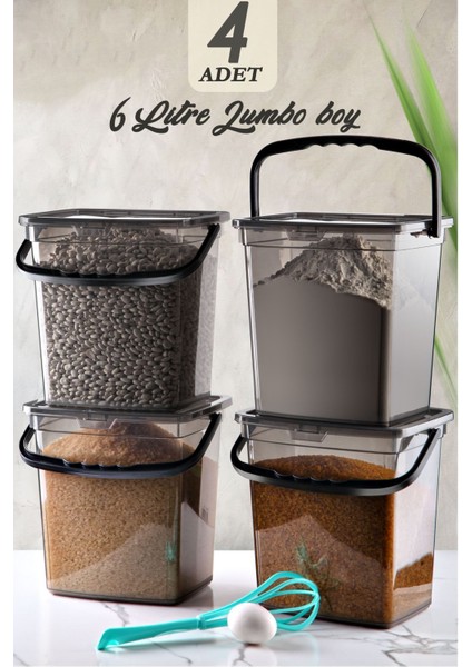 4'lü Kare Un ve Bakliyat Saklama Kutusu, 6 Litre, Gri, Kulplu, Dayanıklı Plastik