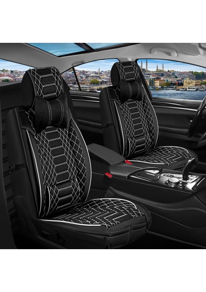 Fiat Egea Cross Uyumlu Yarı Deri Oto Koltuk Kılıfı Tam 5li Set Mars Siyah-Beyaz Renk