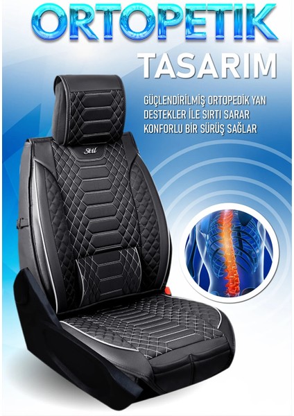 Fiat Egea Cross Uyumlu Yarı Deri Oto Koltuk Kılıfı Tam 5li Set Mars Siyah-Beyaz Renk