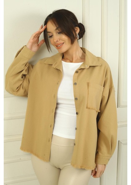 Kadın Arkası Etnik Şeritli Püsküllü Önü Metal Düğmeli Tek Cepli Gömlek fiyatları