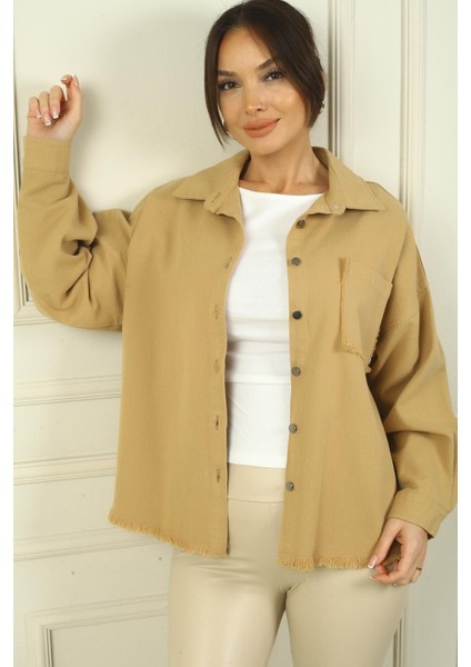 Kadın Arkası Etnik Şeritli Püsküllü Önü Metal Düğmeli Tek Cepli Gömlek fırsatları