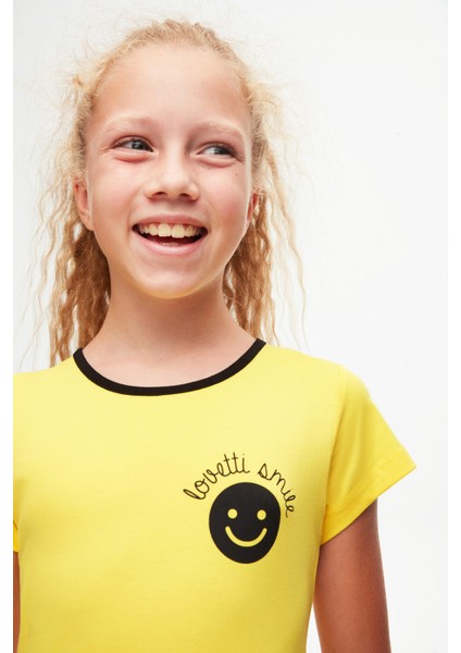 Sarı Gülen Yüz Kız Çocuk Desenli Lovetti Smile Baskılı Kısa Kol Elbise fırsatları