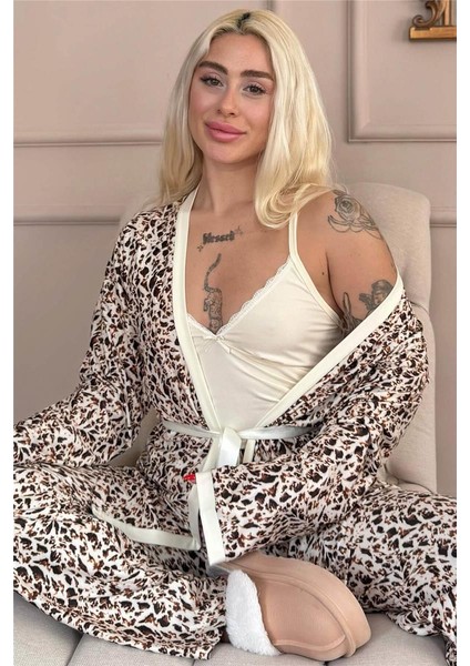 Krem Wild Elegance Exclusive Örme Sabahlıklı Kadın Pijama Takım