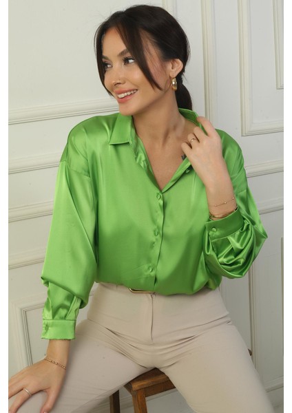 Kadın Düşük Kollu Oversize Saten Gömlek