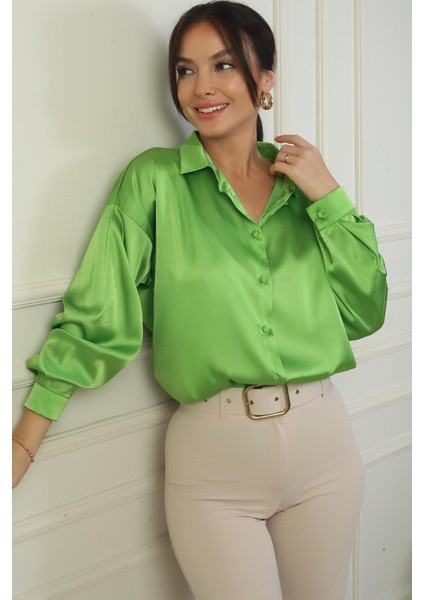Kadın Düşük Kollu Oversize Saten Gömlek modelleri