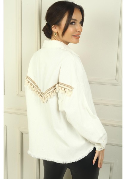 Kadın Arkası Etnik Şeritli Püsküllü Önü Metal Düğmeli Tek Cepli Gömlek